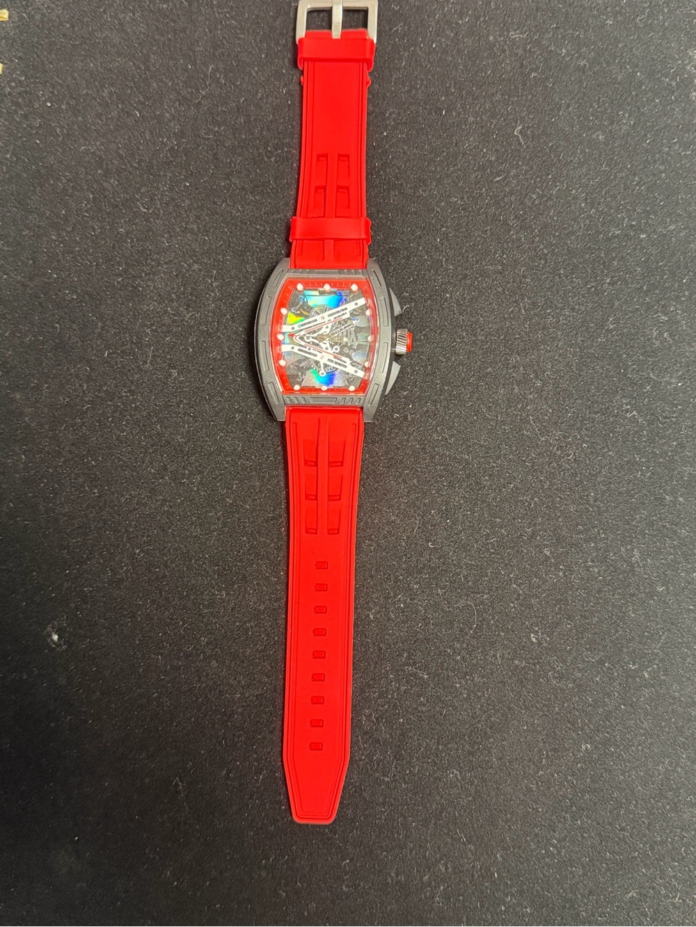 Red Silicone Strap Watch with Skeleton Dial